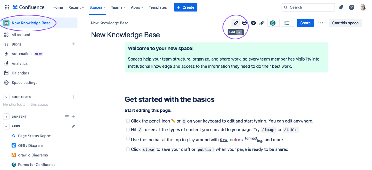 A screenshot of a Confluence overview page with the Edit button circled