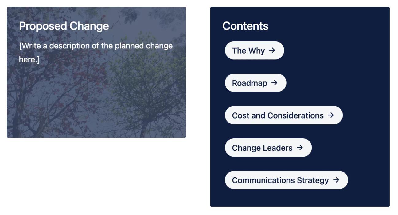 The 'Proposed Change' and 'Contents' sections of the change management plan example page.