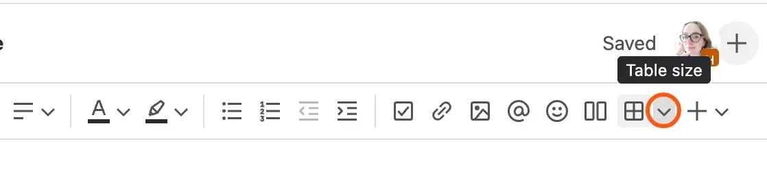 The Confluence toolbar with the icon for 'Table size' circled