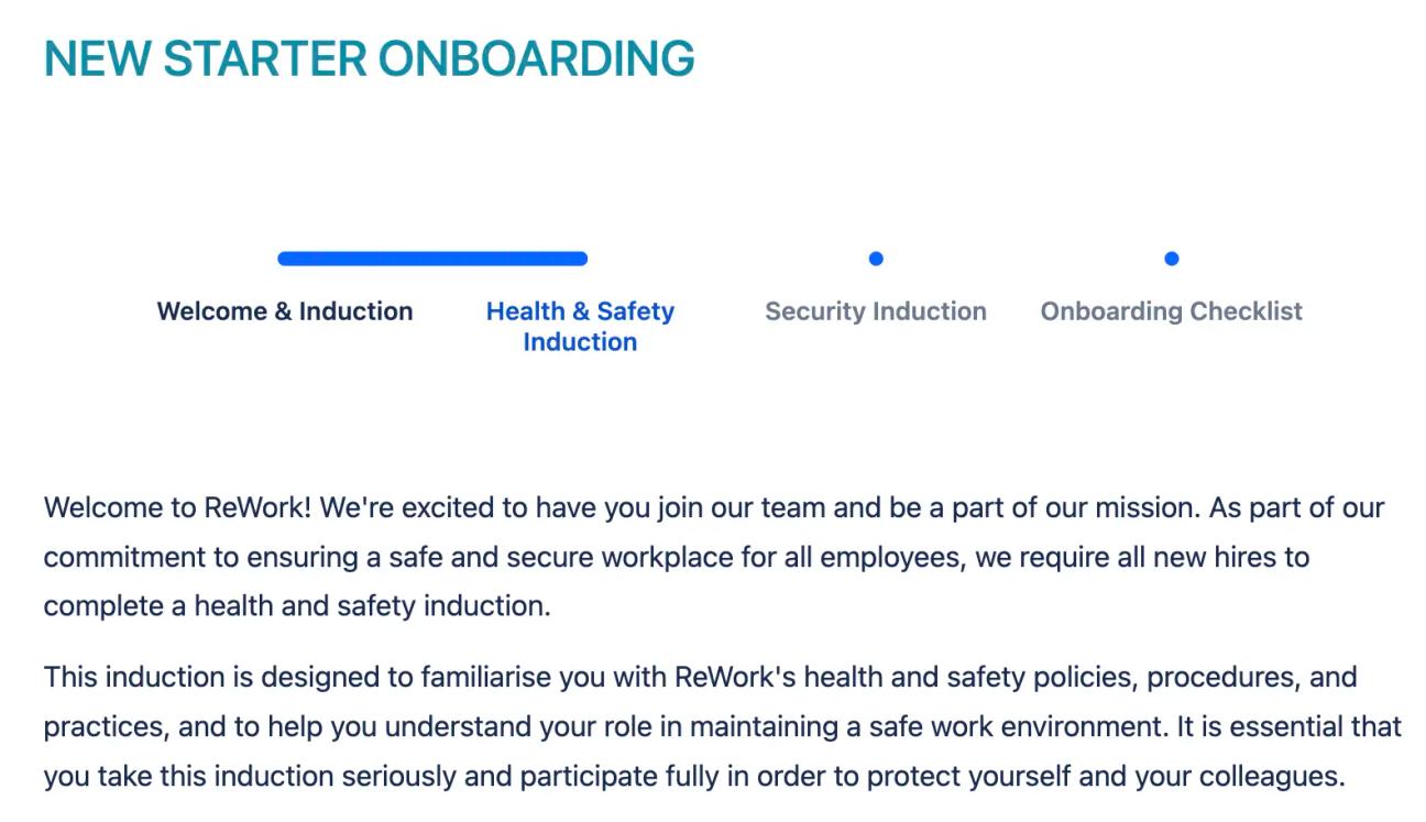 A screenshot of a new starter induction page with a progress bar in Confluence