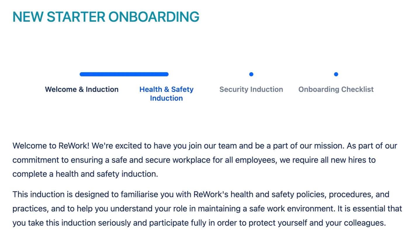 A screenshot of a new starter induction page with a progress bar in Confluence