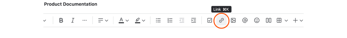 The Confluence toolbar with a circle highlighting the link button