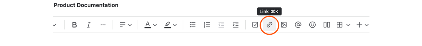 The Confluence toolbar with a circle highlighting the link button