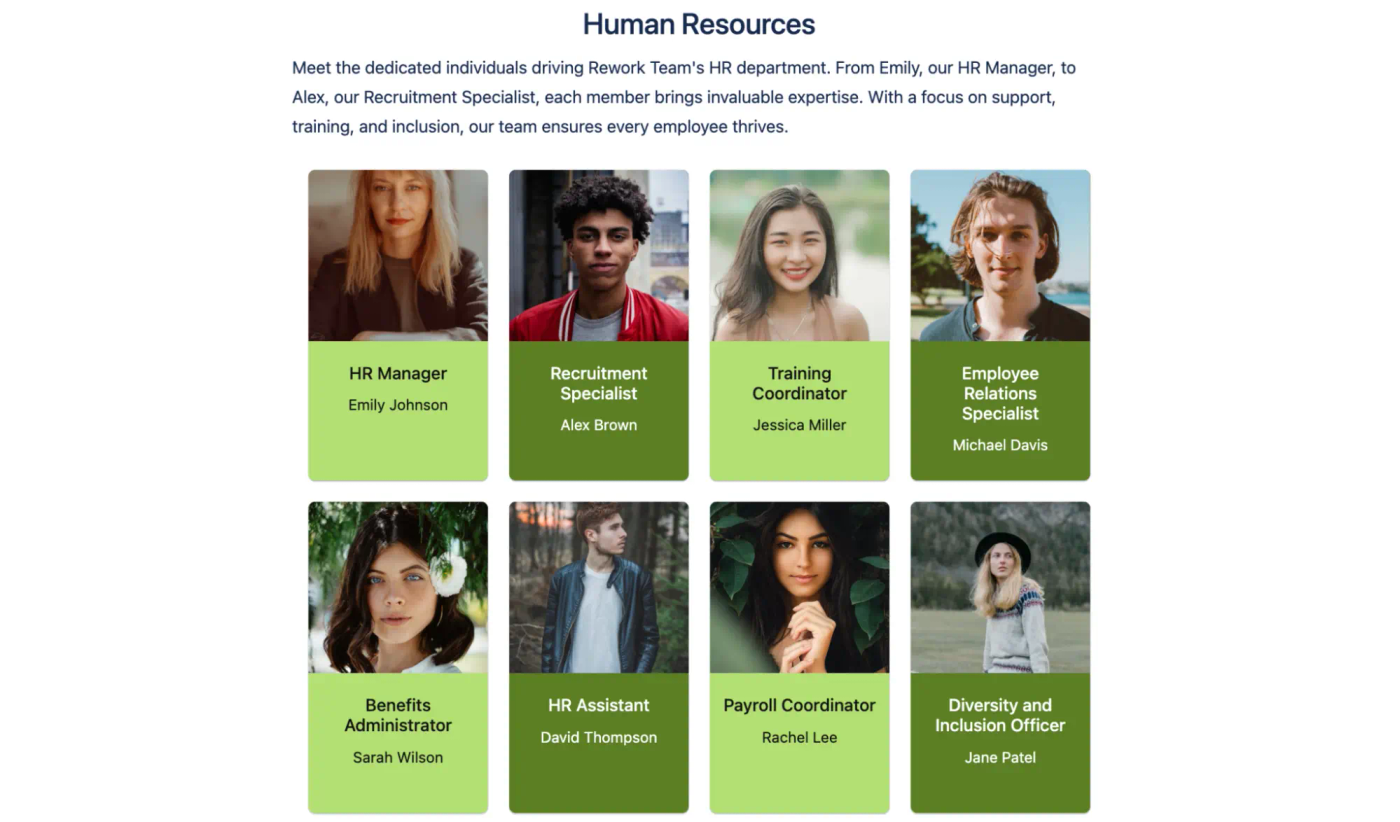 Cards showing employee photos and their job roles on a Confluence user profiles page
