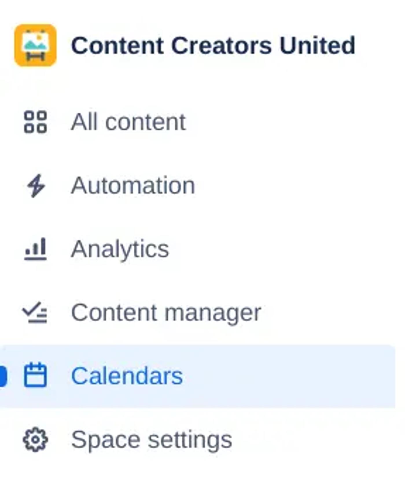 The Calendars section highlighted in a Confluence space sidebar