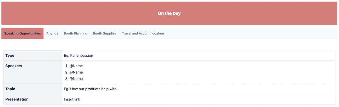 The "On the Day" part of the template showing tabs with different headings on them.