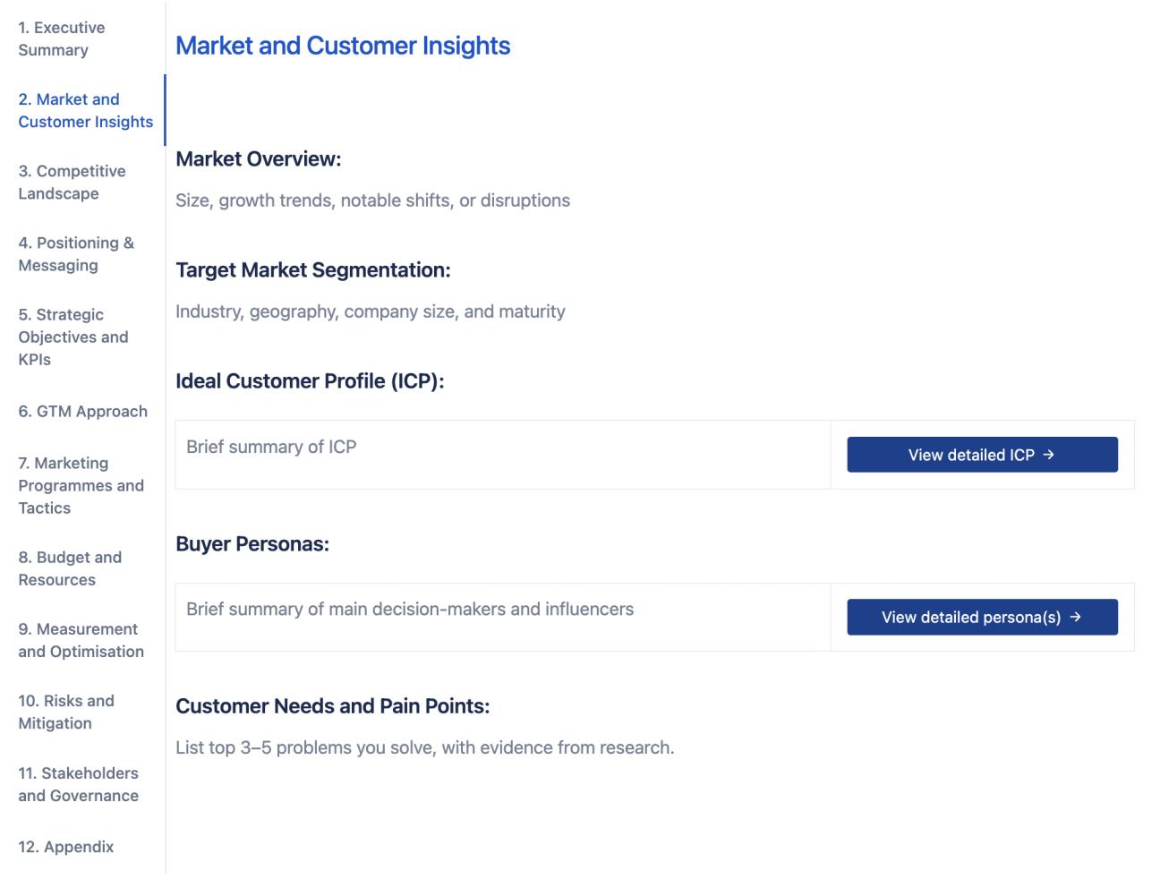 The 'Market and Customer Insights' tab of the product marketing strategy, showing several subheadings, including 'Target Market Segmentation,' and featuring blue buttons leading to other pages, such as buyer personas.