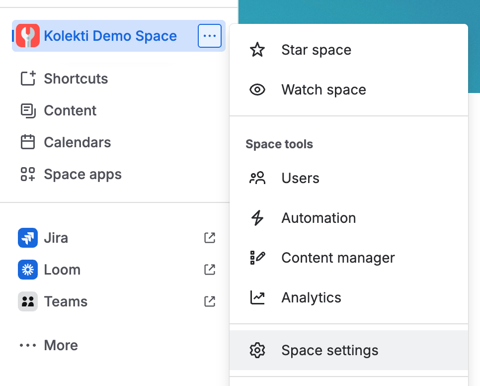 Screenshot showing the space settings option highlighted in a Confluence space