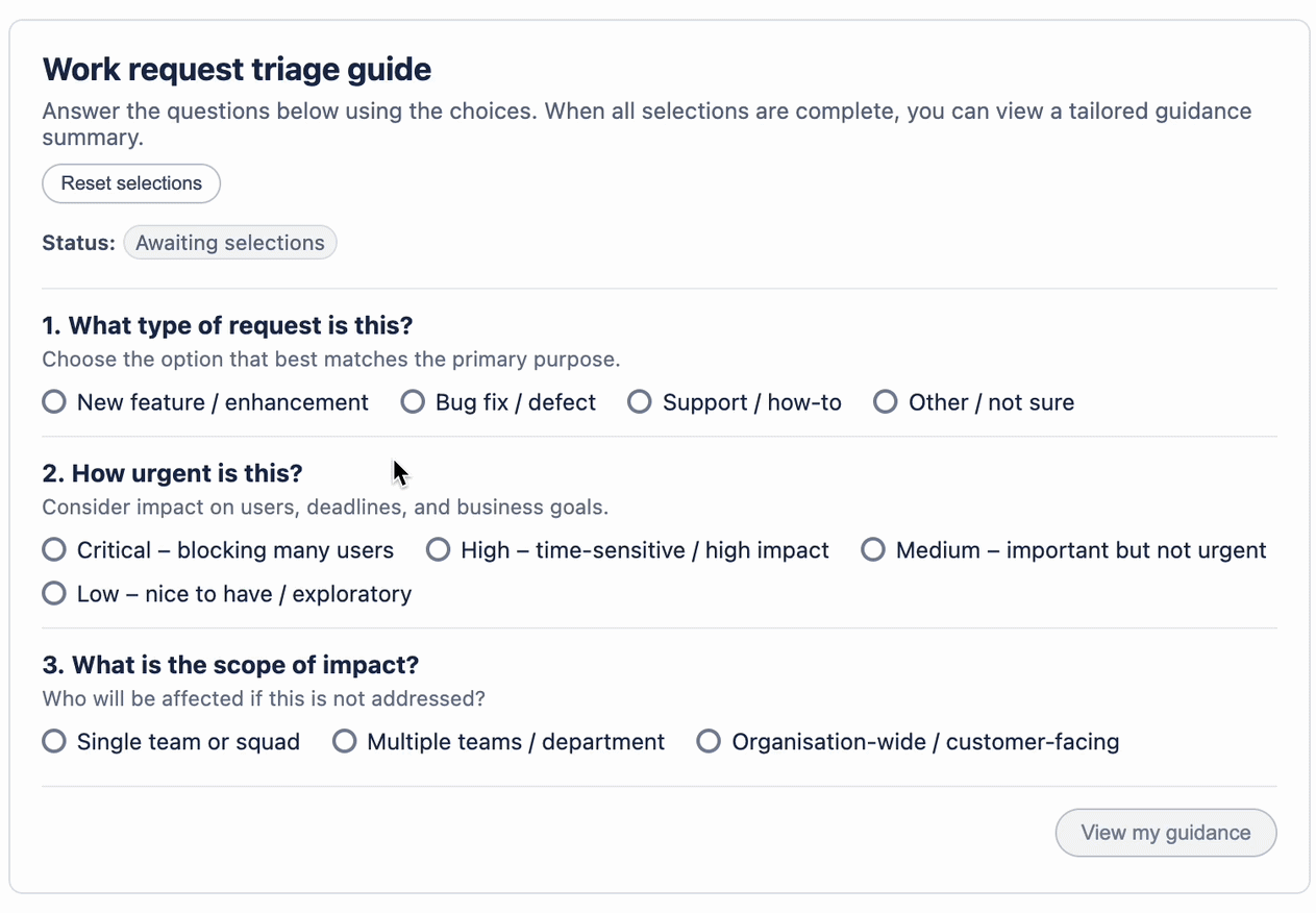 Animated GIF showing a user submitting a work request triage guide that gives dynamic feedback dependent on the answers selected. The user is selecting radio boxes and clicking to view guidance on the next page.