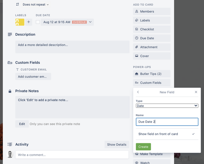 A screenshot showing a Trello card with a Custom Field being created