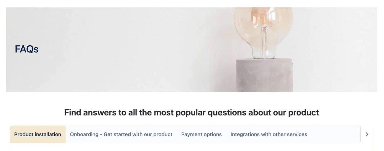 The FAQs section of the knowledge base (corporate tranquillity) template, showing a heading on a neutral background with an image of a lightbulb, and questions grouped into tabs below