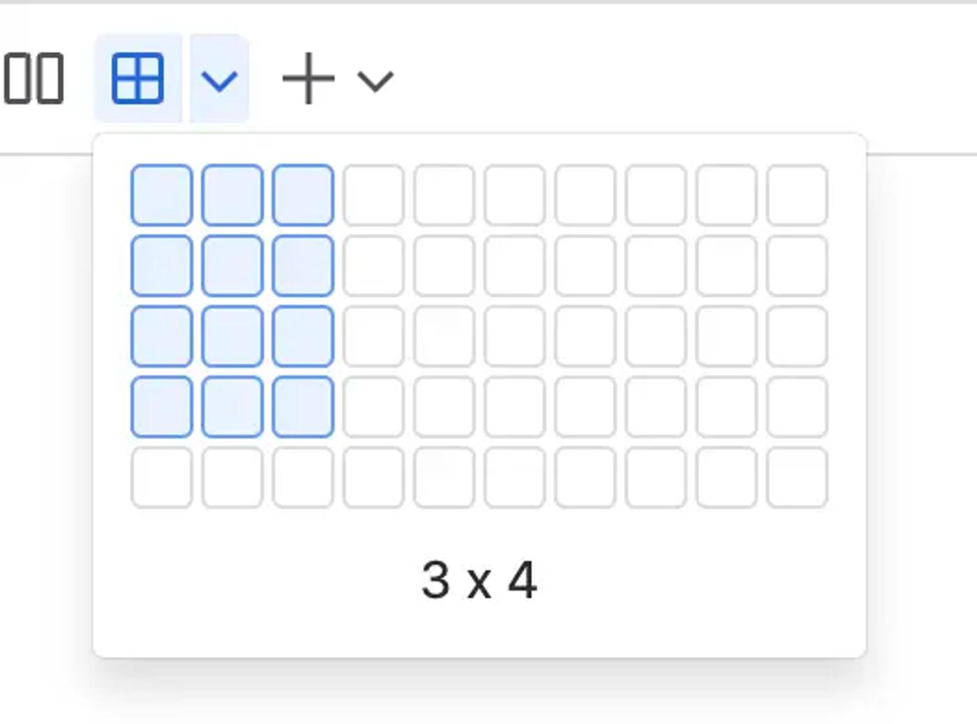 A Confluence table selector with three columns and four rows
