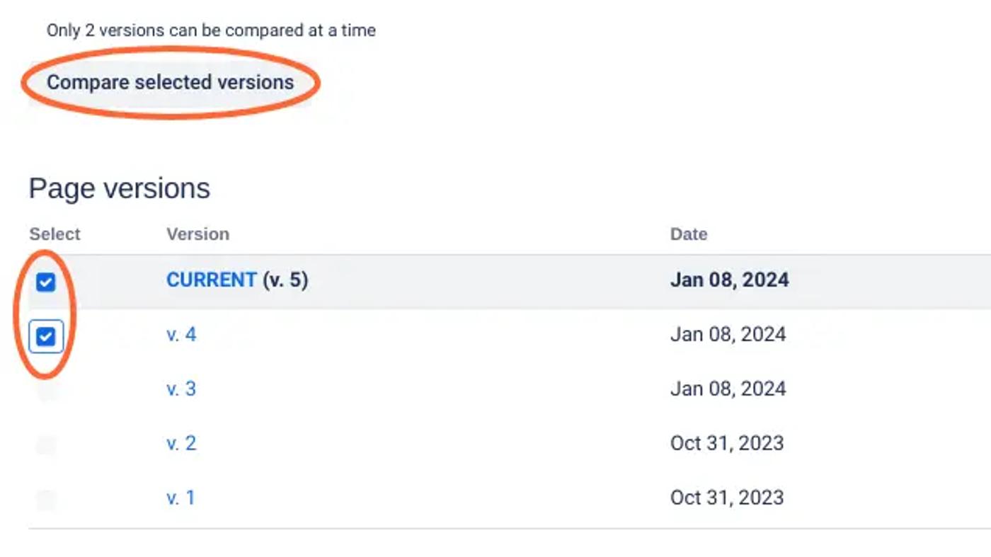 A list of Confluence page versions with two selected for comparison