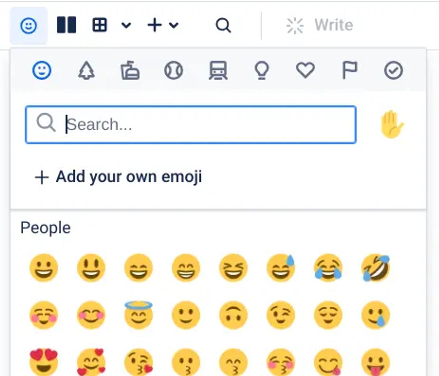 A screenshot of the emoji menu in Confluence