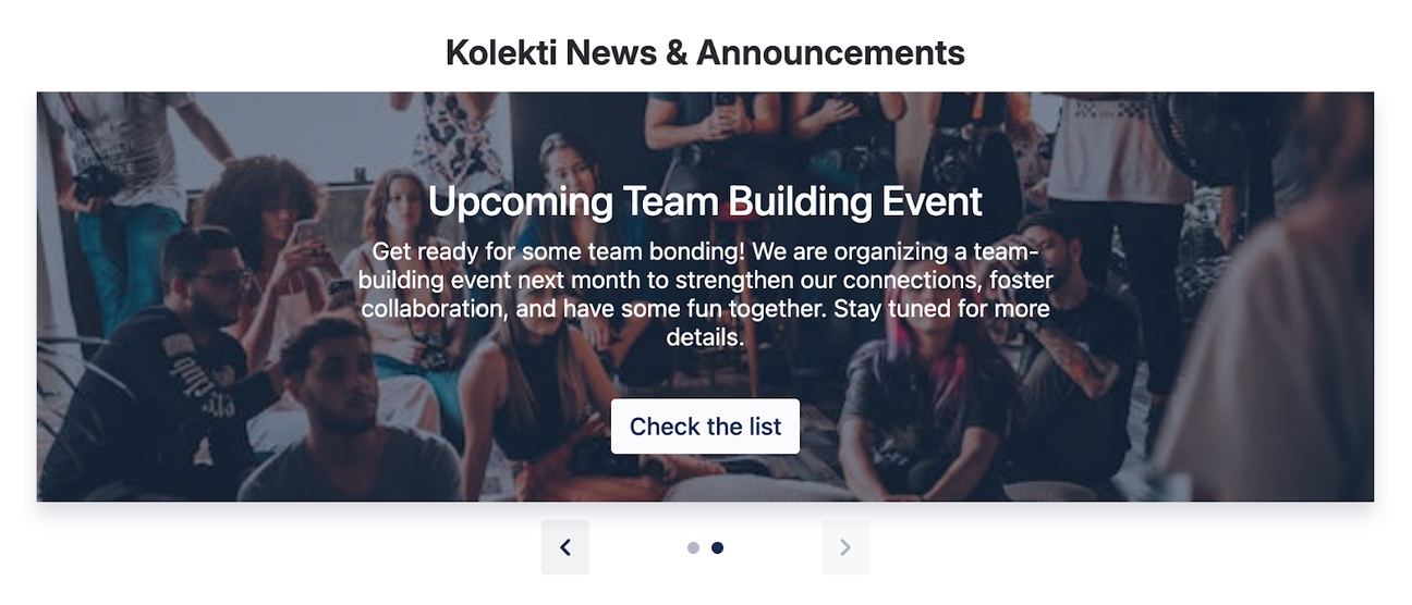 A carousel-style banner in Confluence announcing an upcoming team building event