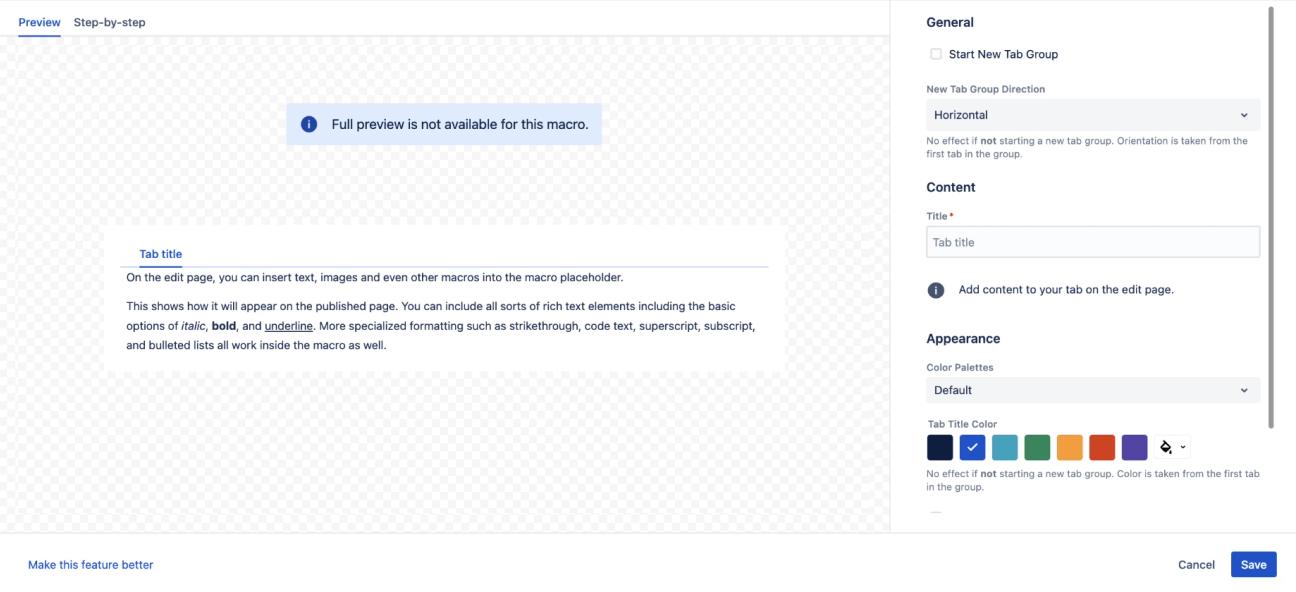 A screenshot of the Tabs for Confluence editor window