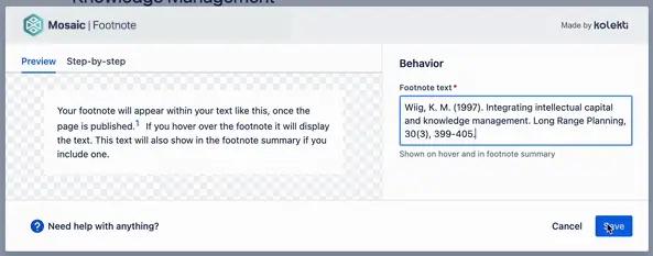A screenshot of the Footnotes macro editor window in Confluence