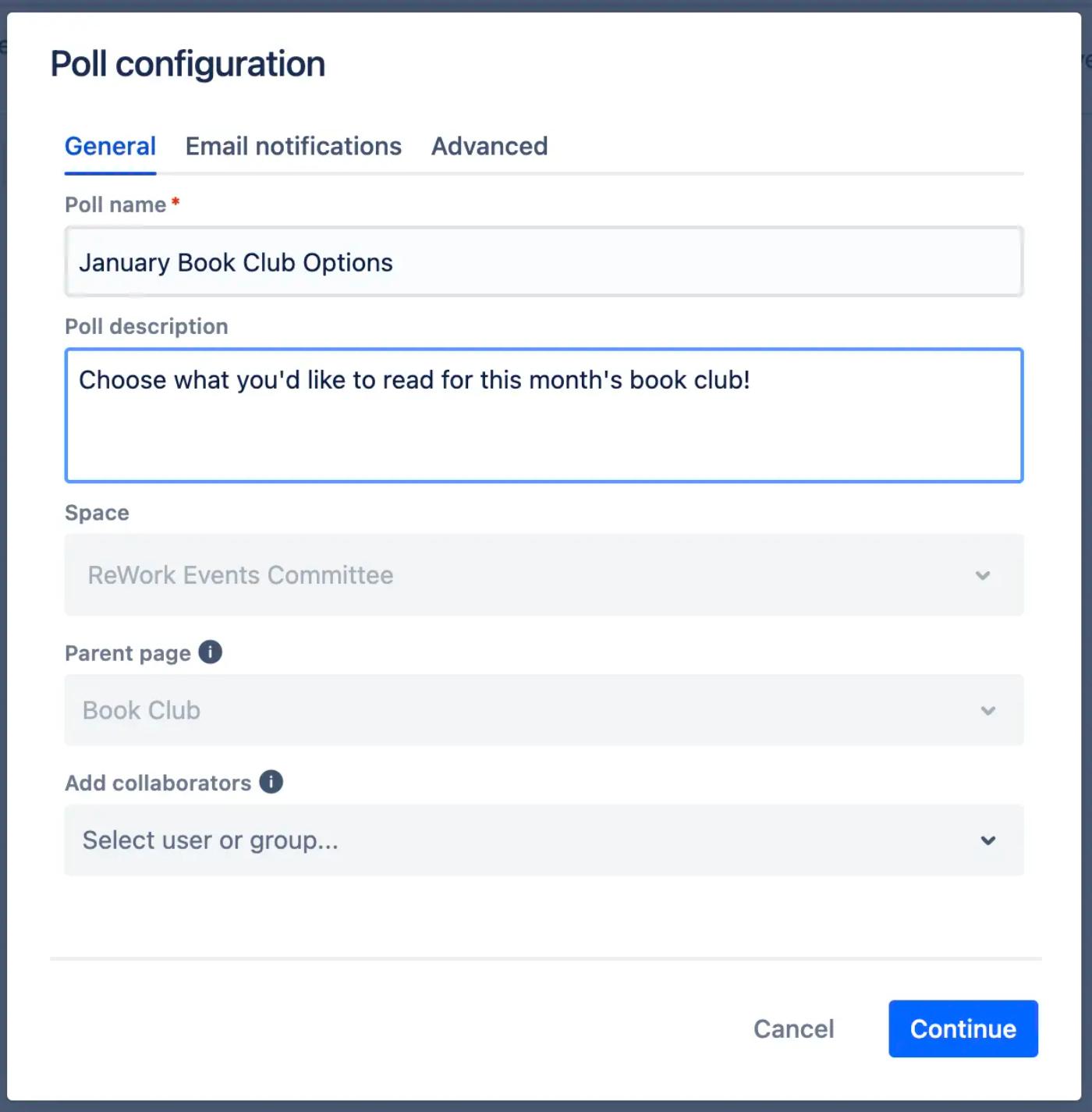 The Forms for Confluence poll configuration dialog with a title and description tailored for a book club