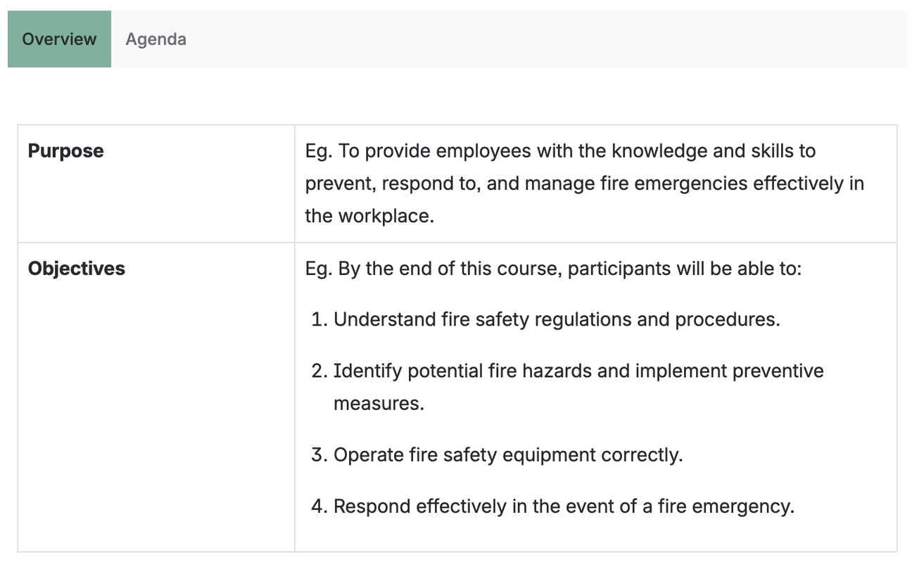 A screenshot of the Overview section of the Training Page Template, showing a tab titled "Overview" open with a table inside and rows for "Purpose" and "Objectives"