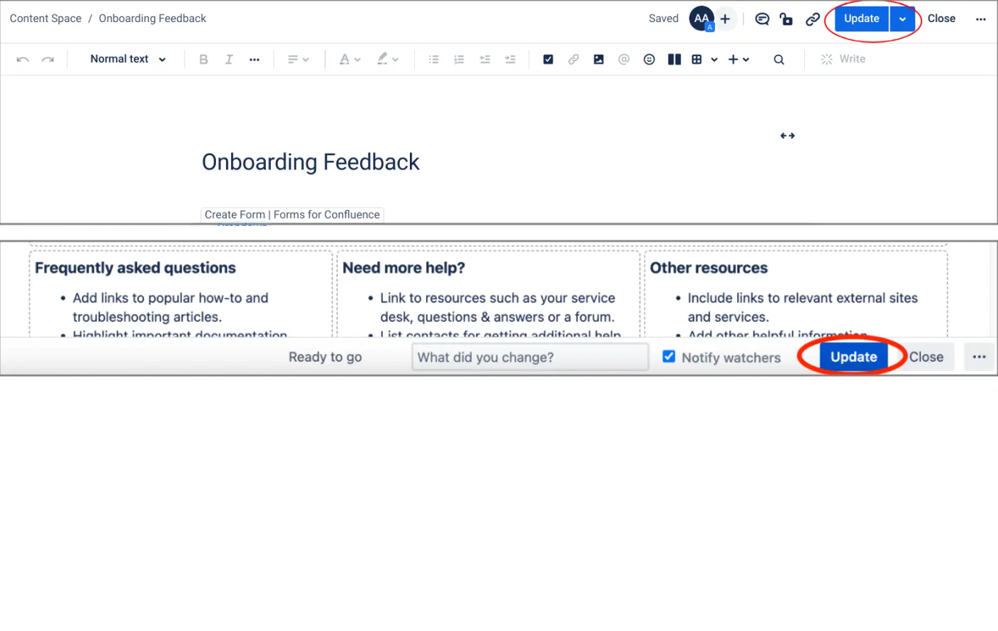 Confluence Cloud and Data Center pages with the update button circled