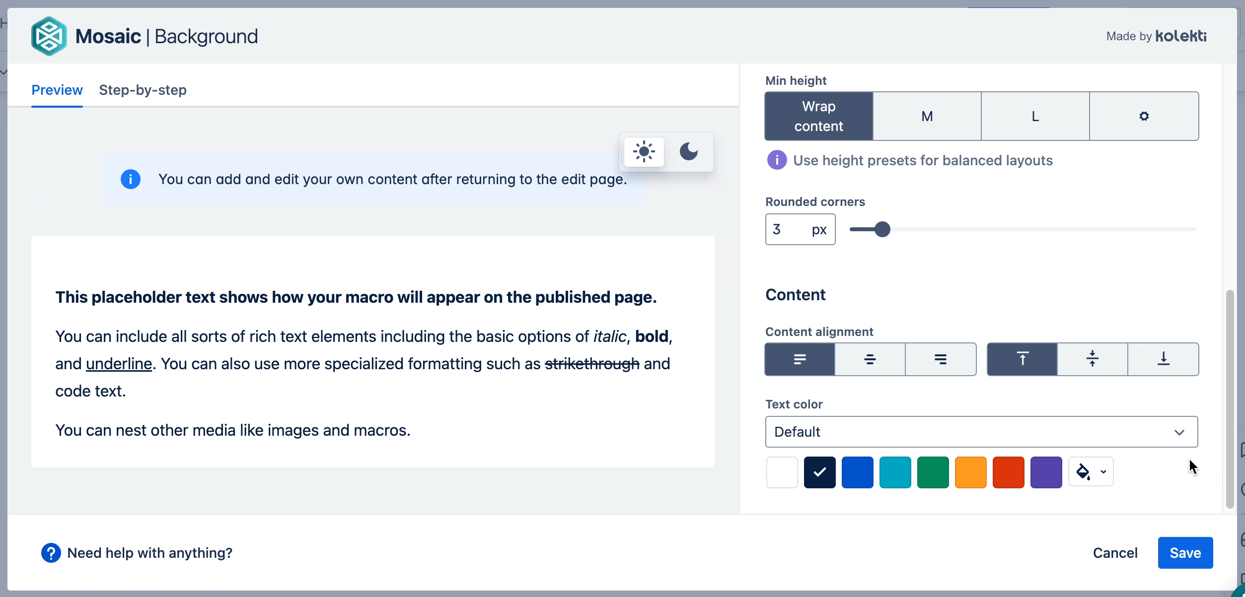 Animated GIF of a user selecting a text colour from a preset brand palette in the Background macro editor
