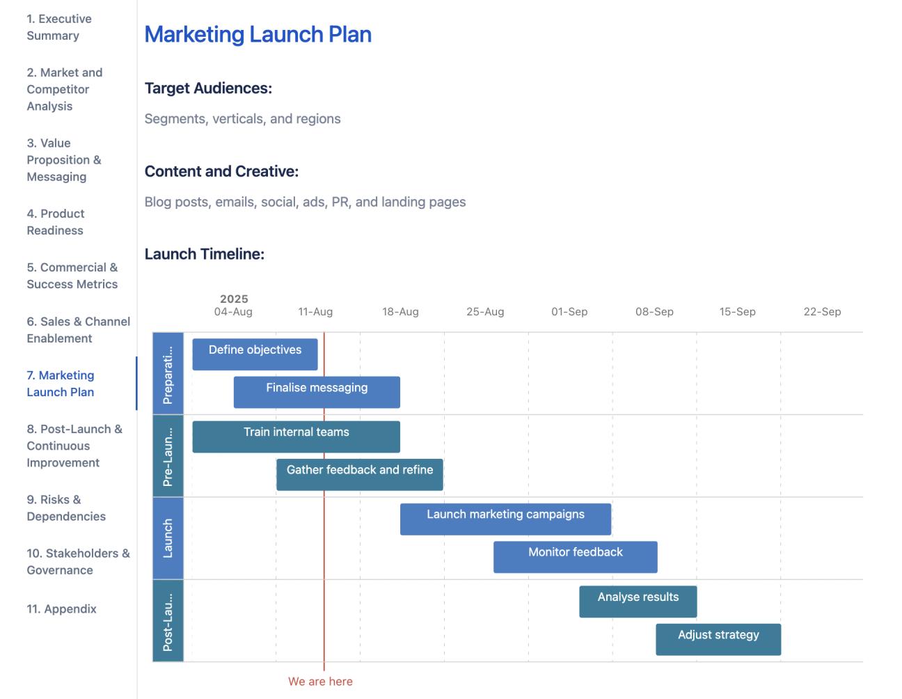The 'Marketing Launch Plan' tab of the GTM plan, showing subheading, space for text, and a visual roadmap with dates and durations of tasks such as 'Define objectives'