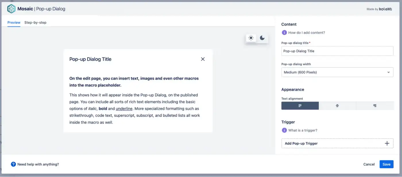 The Pop-up Dialog editor in Confluence with customisation options