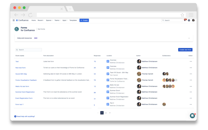 A list of forms in the Forms for Confluence homepage