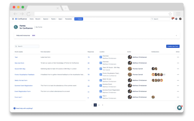 A list of forms in the Forms for Confluence homepage