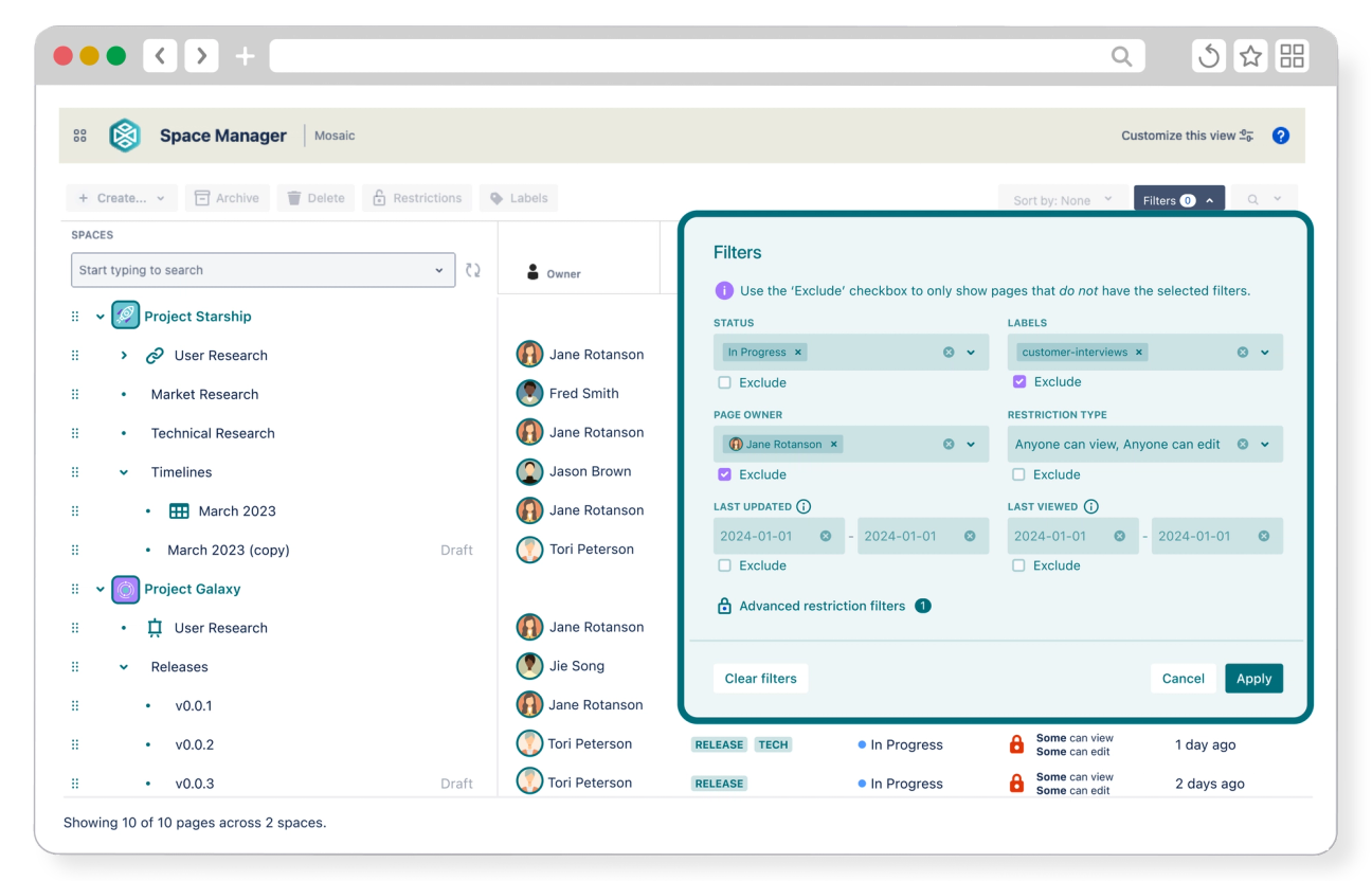 Rendering showing Space Manager's content management dashboard in Confluence with an overlay showing different content filters