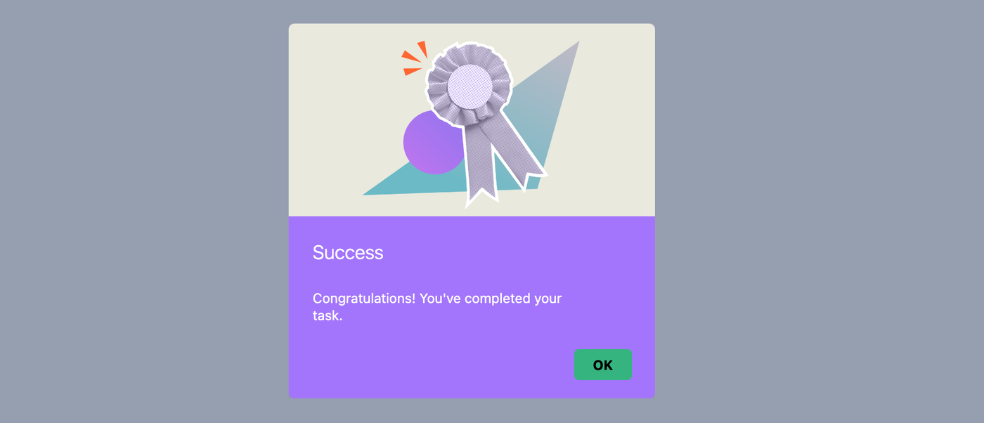 A pop-up alert congratulating a user for completing a task