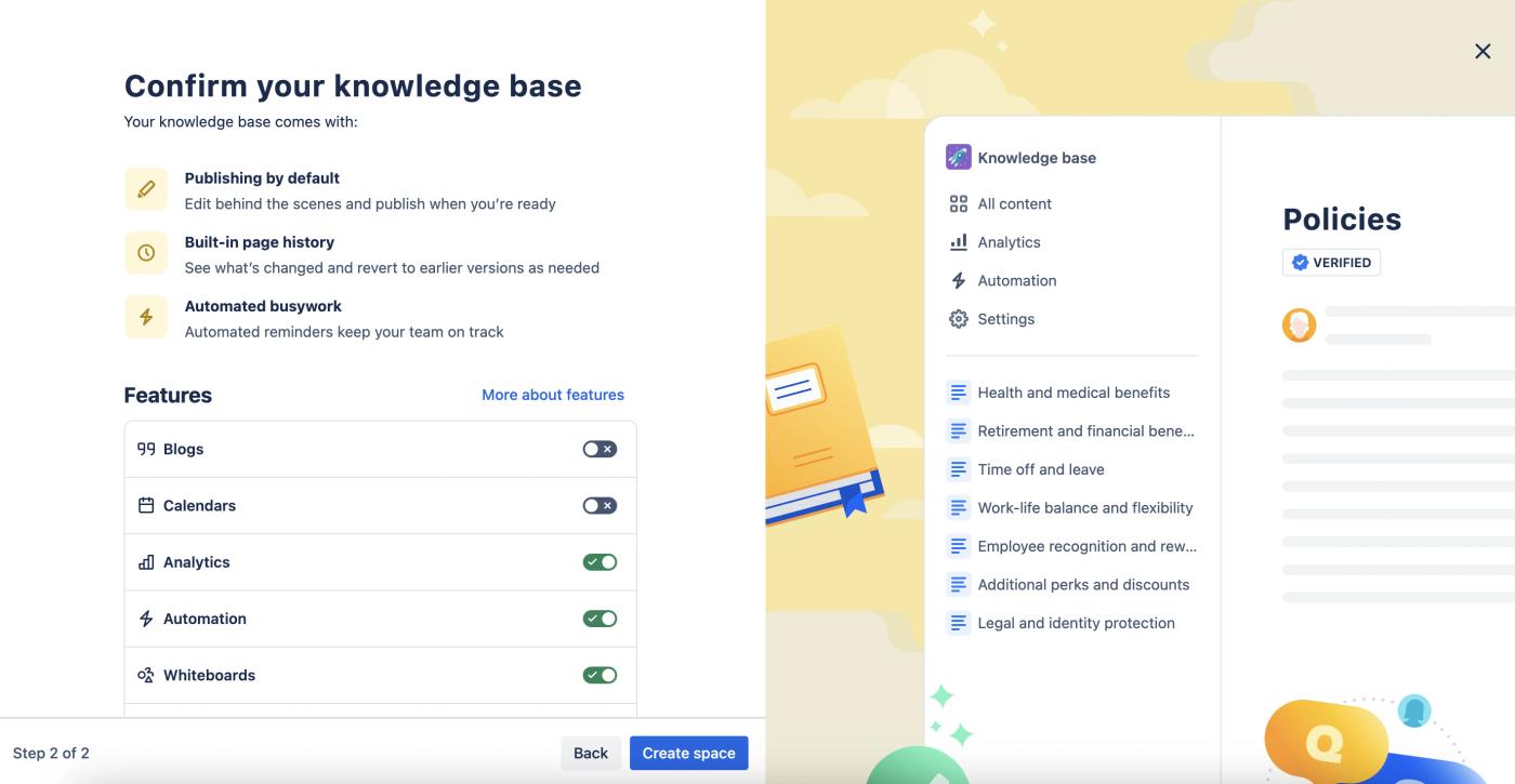 A Confluence window showing feature toggles for a knowledge base