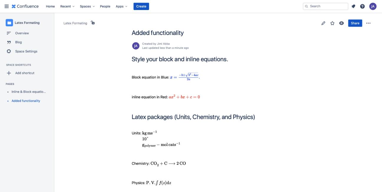 A screenshot of several LaTeX equations in a Confluence page