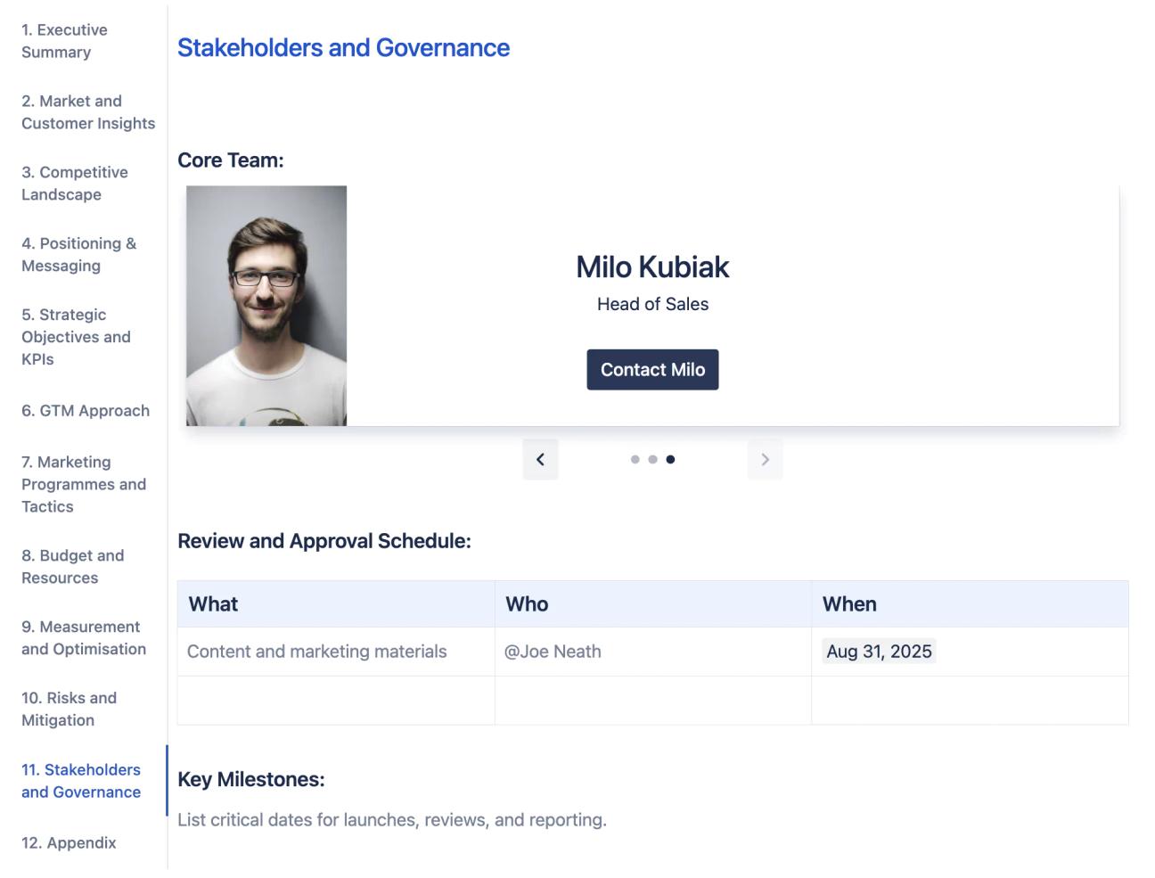 The 'Stakeholders and Governance' tab of the product marketing strategy, showing three members of an example core team displayed in slides with buttons leading to contact information, plus a table called 'Review and Approval Schedule'