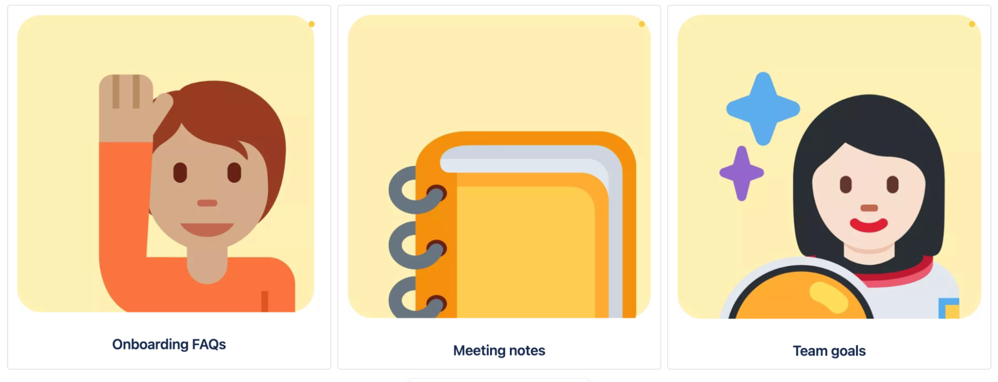 Three yellow squares containing emojis in a row on a Confluence page