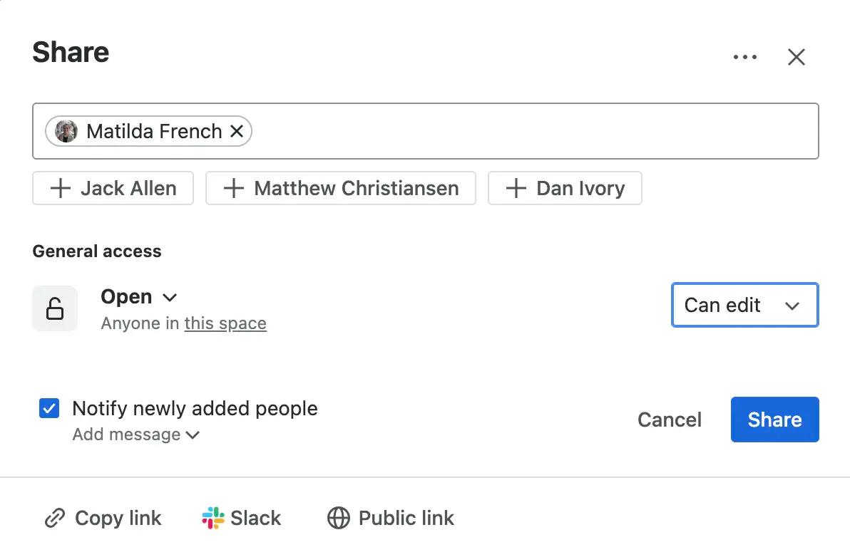 The "Share" pop-up in Confluence live docs
