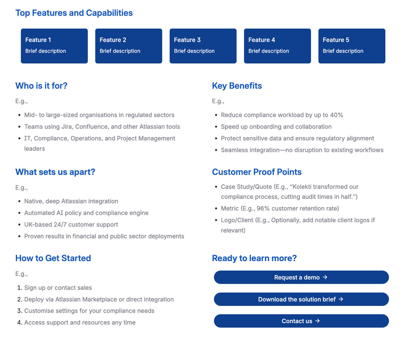 Screenshot of the Confluence One-Pager Example Page