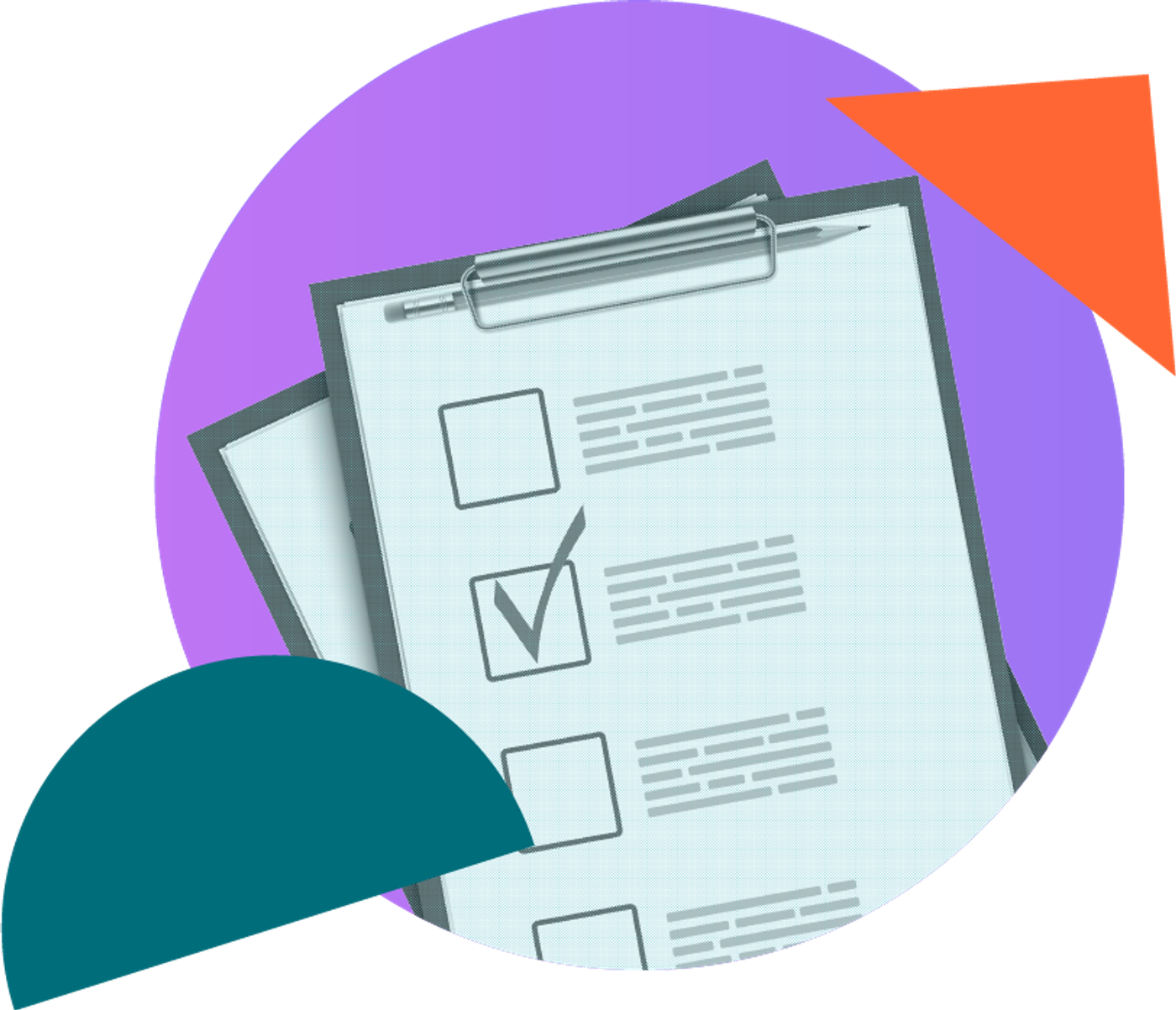 A clipboard surrounded by colourful shapes