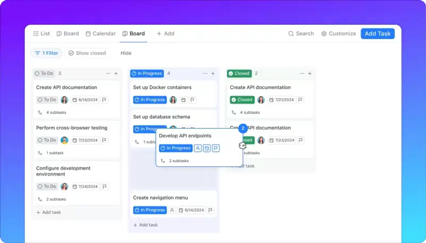 A ClickUp Kanban board showing a card being moved