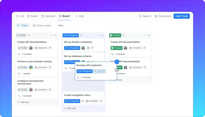 A ClickUp Kanban board showing a card being moved
