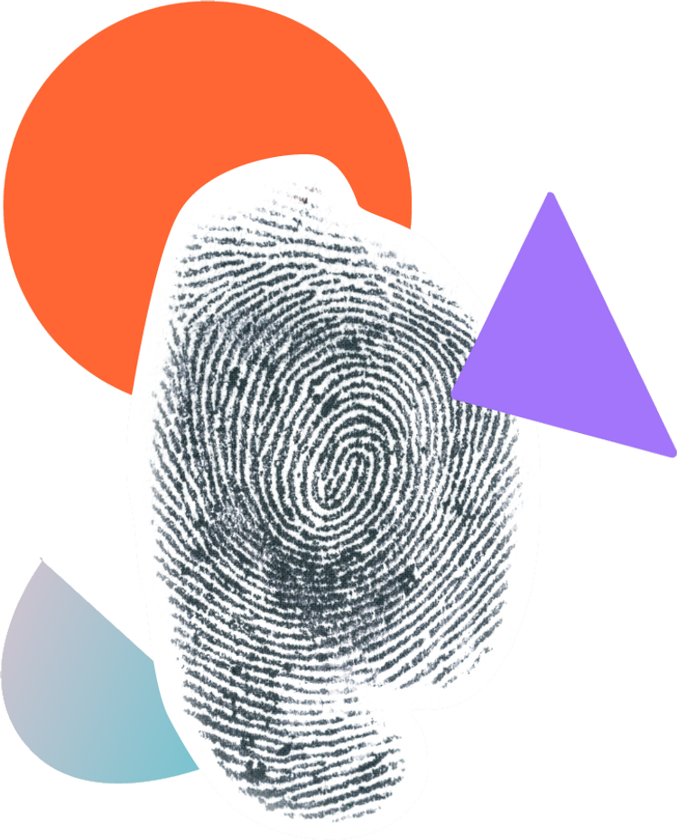 A fingerprint surrounded by colourful shapes