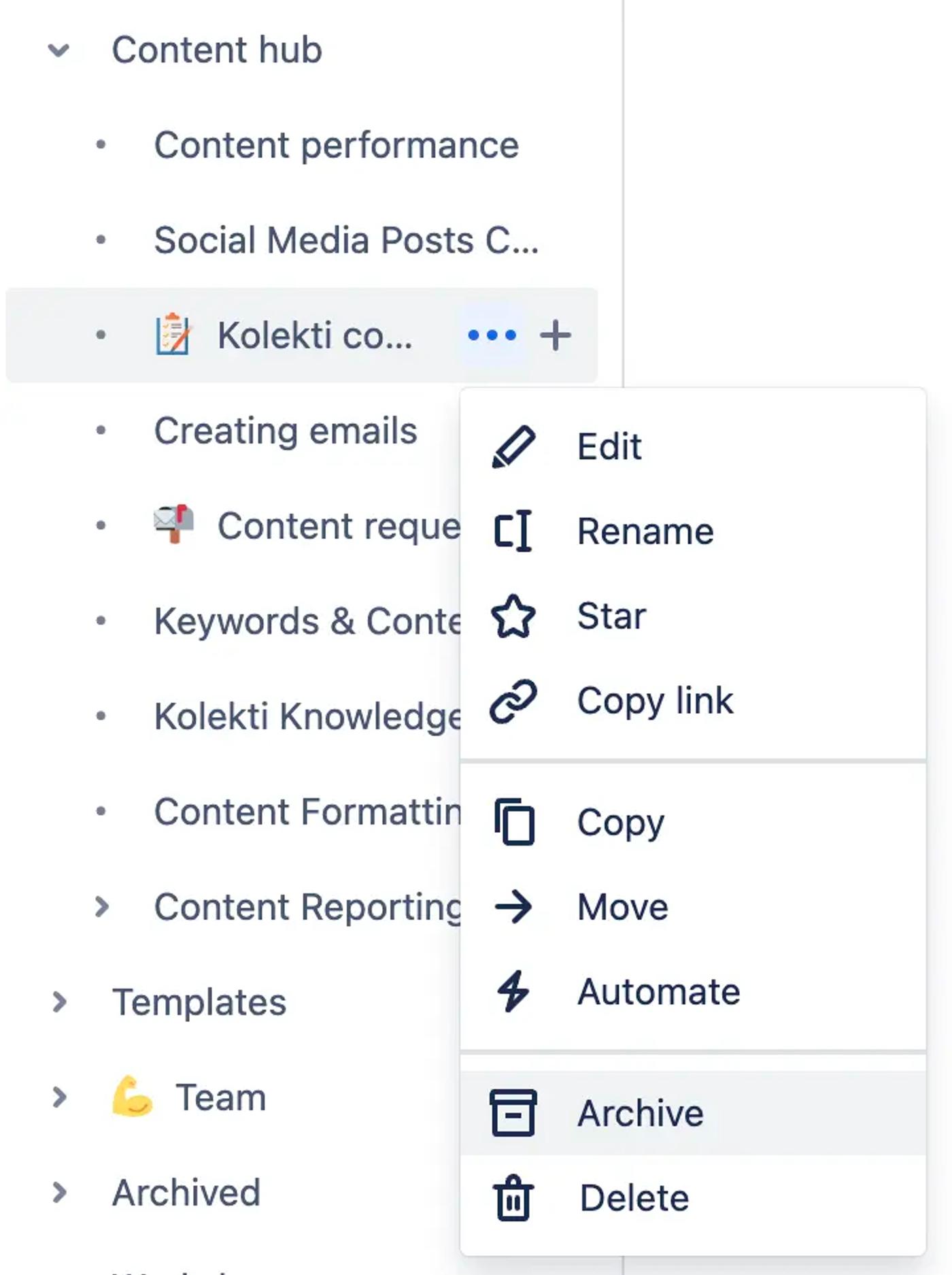 A user selecting the three dots next to a page in the Confluence space sidebar. A dropdown menu is shown