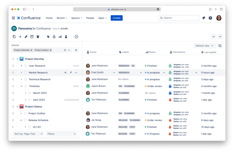 Panorama for Confluence's dashboard view