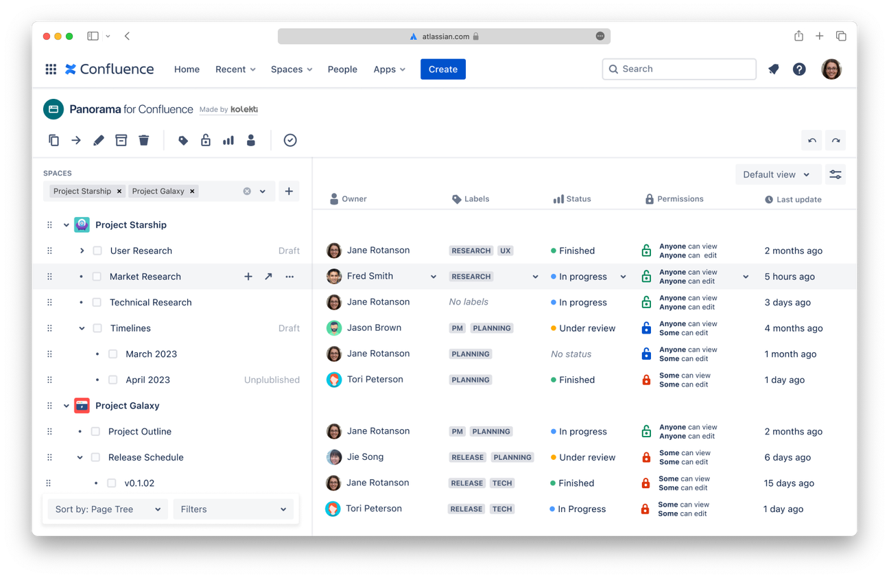 Panorama for Confluence's dashboard view