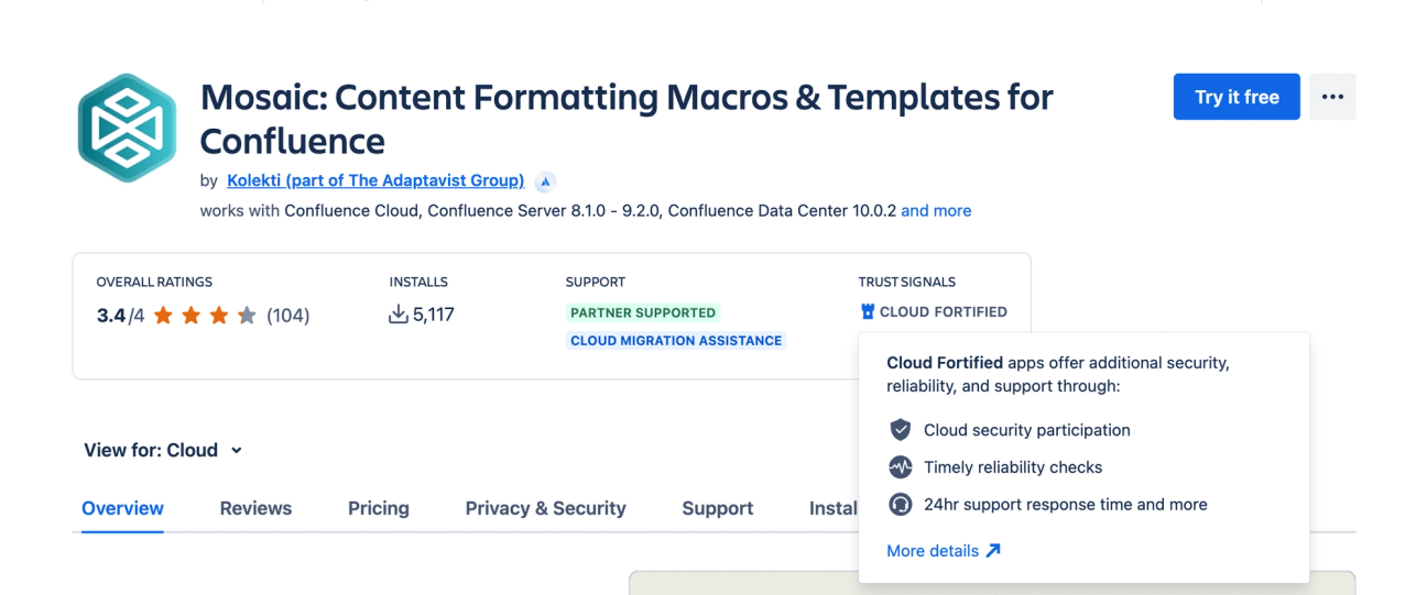 The Mosaic for Confluence Atlassian Marketplace page with the Cloud Fortified badge highlighted