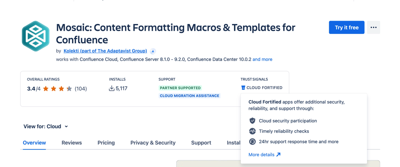 The Mosaic for Confluence Atlassian Marketplace page with the Cloud Fortified badge highlighted