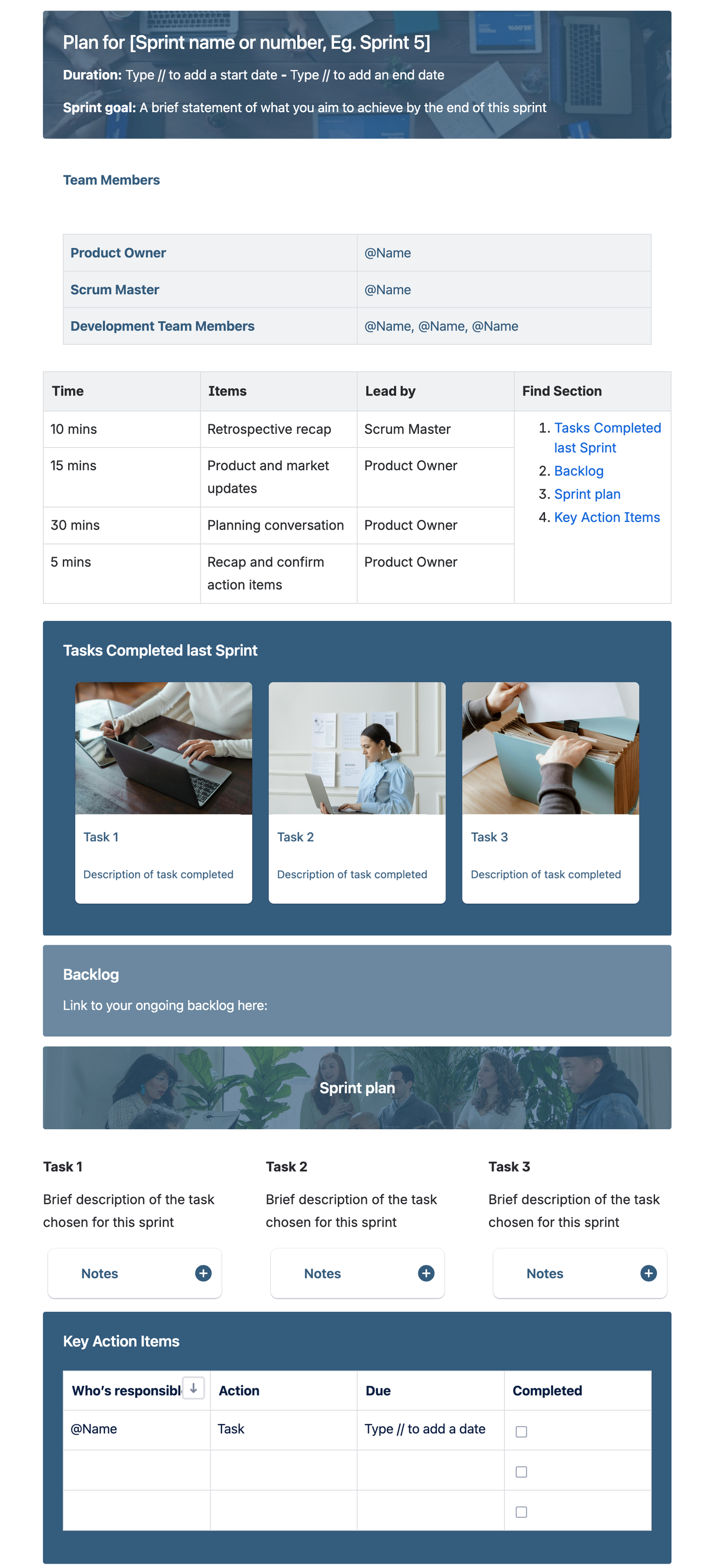 Screenshot of the Confluence sprint plan template, with cards displaying key tasks completed and a table for outlining key action items