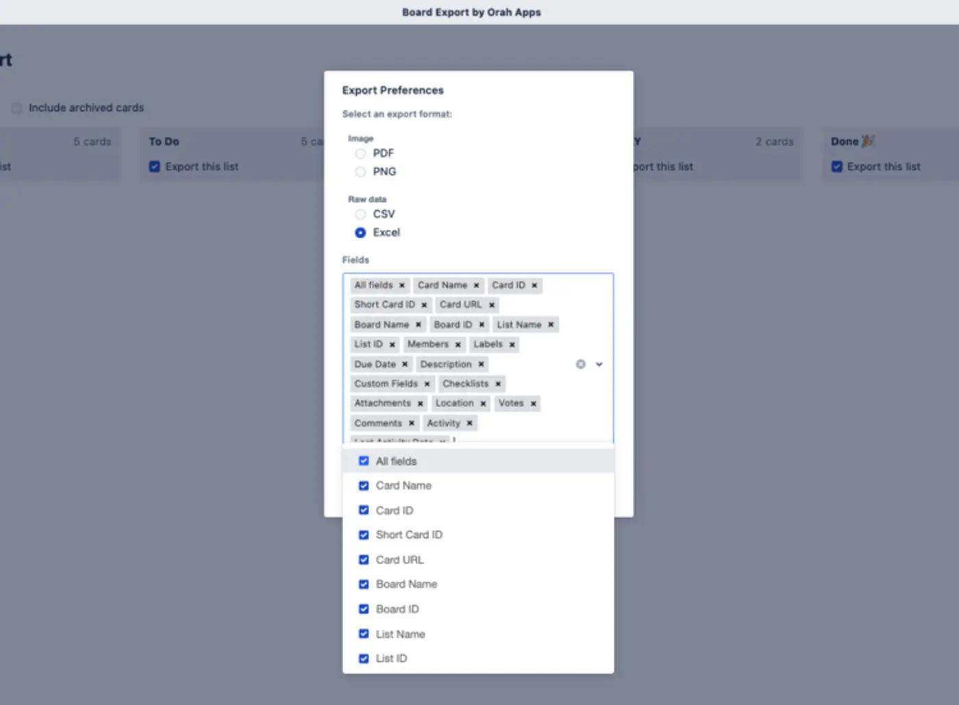 A screenshot of the different fields that can be included when exporting a Trello board
