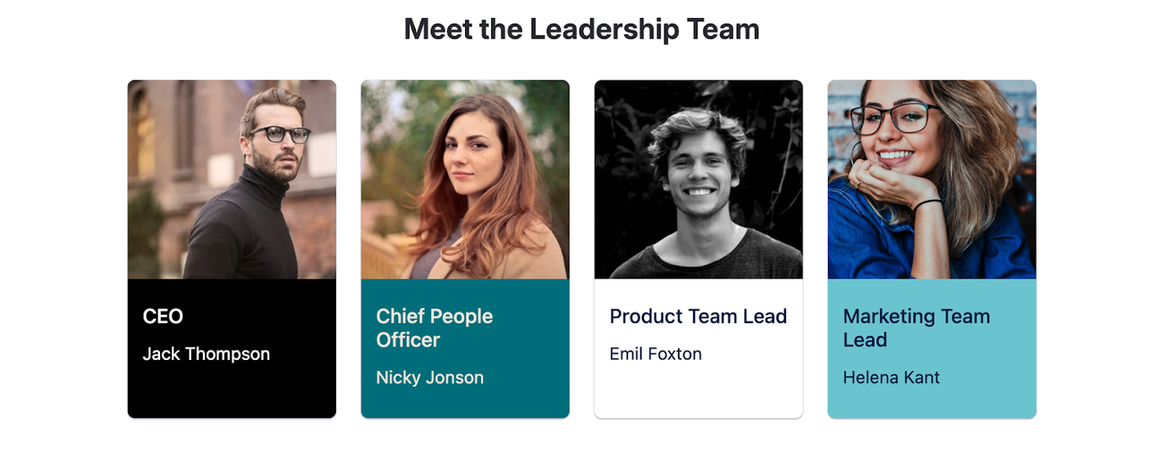 Four side-by-side cards showing employee headshots, names, and job titles