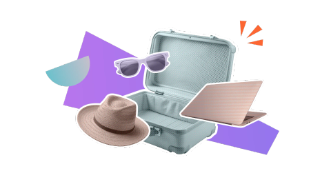 A pair of sunglasses, a sun hat and a laptop next to an open suitcase